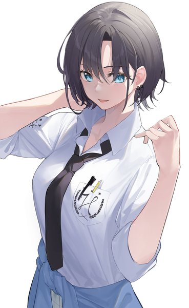 Anime picture 1882x3054 with idolmaster idolmaster shiny colors asakura tooru star741 single tall image looking at viewer fringe highres short hair open mouth blue eyes black hair simple background smile hair between eyes standing white background :d arms up