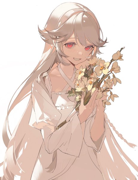 Anime-Bild 2590x3363 mit pandora hearts xebec will of the abyss chongzhen 085 single tall image highres simple background smile red eyes white background silver hair very long hair grin girl dress flower (flowers) white dress bouquet