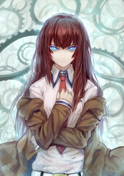 Anime picture 744x1052 with steins;gate white fox makise kurisu ryuuzaki ichi single long hair tall image looking at viewer blush blue eyes brown hair open clothes open jacket hand on chest serious girl shirt necktie jacket belt