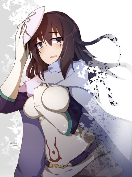 Anime picture 1219x1625 with tensei shitara slime datta ken 8bit izawa shizue myumi single long hair tall image looking at viewer blush fringe breasts open mouth light erotic black hair simple background hair between eyes large breasts standing purple eyes holding