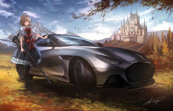 イラスト 2047x1321 と 東方 aston martin ltd アリス・マーガトロイド てらばいと ソロ カメラ目線 highres 短い髪 青い目 金髪 立つ signed 空 cloud (clouds) 全身 outdoors mountain landscape lacing scenic