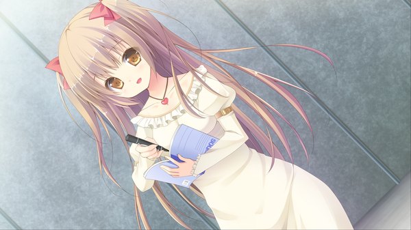 Anime picture 1280x720 with hare nochi kitto nanohana biyori single long hair looking at viewer open mouth brown hair wide image brown eyes game cg girl dress bow hair bow