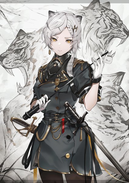 Anime picture 2894x4093 with original marumoru single tall image looking at viewer fringe highres short hair standing holding animal ears yellow eyes silver hair braid (braids) parted lips short sleeves new year sheathed double buttons asymmetrical hair
