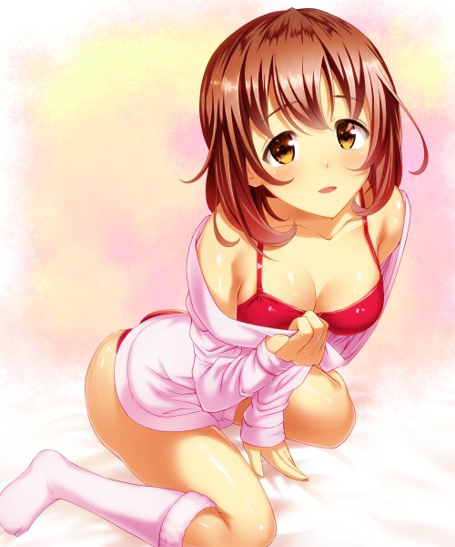 Anime picture 1000x1200 with original emanon123 single tall image looking at viewer blush short hair open mouth light erotic brown hair brown eyes girl socks lingerie bra white socks