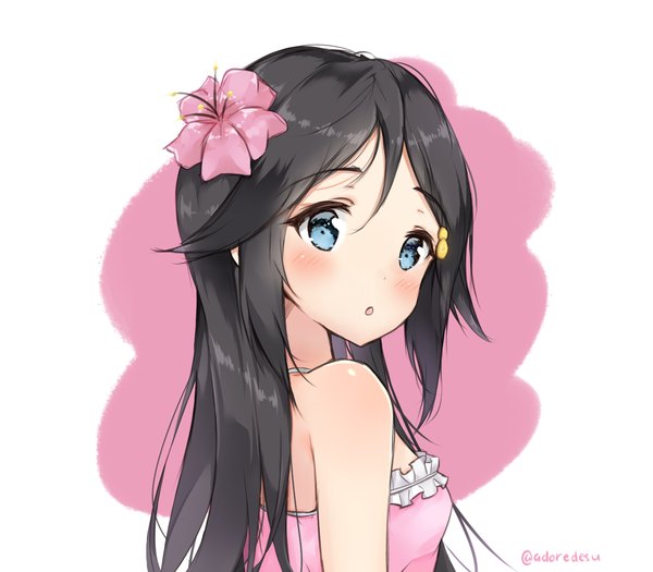 Anime picture 1179x1032 with musaigen no phantom world izumi reina adore (adoredesu) single long hair looking at viewer blush fringe open mouth blue eyes black hair hair between eyes white background bare shoulders signed payot looking back hair flower :o twitter username