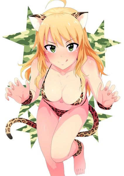 Anime picture 1062x1504 with idolmaster hoshii miki tsurui single long hair tall image looking at viewer blush fringe breasts light erotic blonde hair smile large breasts bare shoulders green eyes animal ears bent knee (knees) tail animal tail