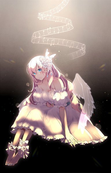 Anime picture 1200x1875 with vocaloid megurine luka asagao minoru single long hair tall image fringe blue eyes hair between eyes sitting pink hair full body nail polish barefoot girl dress hair ornament detached sleeves wings white dress