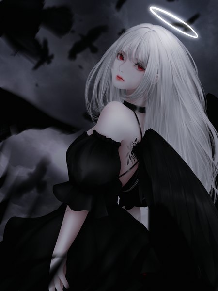 Anime picture 3000x4000 with original kyrie meii single long hair tall image looking at viewer fringe highres red eyes standing payot outdoors white hair blunt bangs lips realistic dutch angle puffy sleeves lipstick turning head
