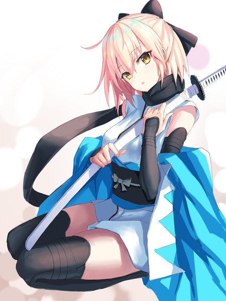 Anime picture 1771x2362 with fate (series) koha-ace okita souji (fate) (all) okita souji (koha-ace) c3yooooo single tall image looking at viewer highres short hair simple background sitting holding yellow eyes pink hair traditional clothes head tilt japanese clothes :o kneeling