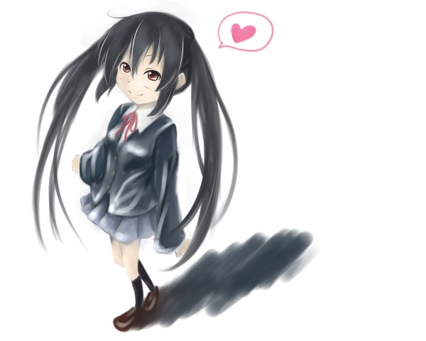 Anime picture 1280x1024 with k-on! kyoto animation nakano azusa single long hair blush black hair simple background smile red eyes white background twintails ahoge from above shadow wallpaper girl uniform school uniform heart
