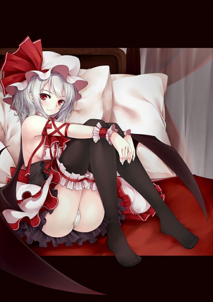 Anime picture 723x1023 with touhou remilia scarlet utakata (kochou no yume) single tall image looking at viewer blush short hair light erotic smile red eyes silver hair pantyshot pantyshot sitting girl thighhighs dress underwear panties black thighhighs