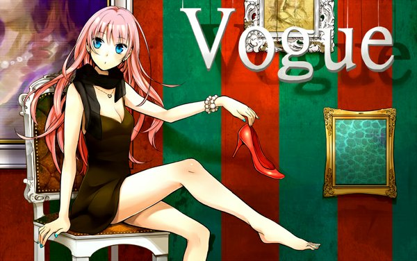 Anime picture 1000x628 with vocaloid vogue (magazine) vogue (vocaloid) megurine luka yuzuki kihiro single long hair blue eyes sitting looking away pink hair nail polish barefoot bare legs shoes removed aqua nail polish toenail polish girl dress shoes