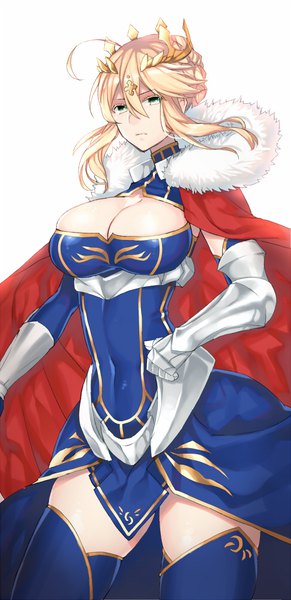 Anime picture 485x1000 with fate (series) fate/grand order fate/stay night artoria pendragon (all) saber artoria pendragon (lancer) enoshabu single tall image breasts light erotic simple background blonde hair large breasts standing white background green eyes looking away cleavage ahoge