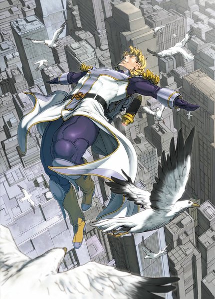 Anime picture 756x1051 with tiger & bunny sunrise (studio) keith goodman sky high oonotutomu tall image short hair blonde hair eyes closed light smile city spread arms cityscape falling boy gloves animal belt bird (birds) building (buildings)