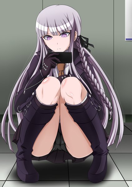 Anime picture 1446x2046 with dangan ronpa kirigiri kyouko sho-chan single long hair tall image open mouth light erotic purple eyes purple hair braid (braids) girl skirt gloves underwear panties miniskirt jacket boots mobile phone