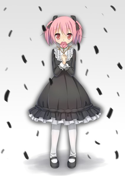 Anime picture 2480x3507 with mahou shoujo madoka magica shaft (studio) kaname madoka silveroid tall image highres short hair red eyes pink hair loli goth-loli girl dress flower (flowers) black dress