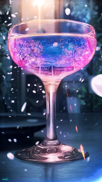 Anime picture 3376x6000 with original banishment tall image highres signed absurdres blurry night depth of field night sky cherry blossoms reflection no people scenic spring plant (plants) tree (trees) building (buildings) moon full moon