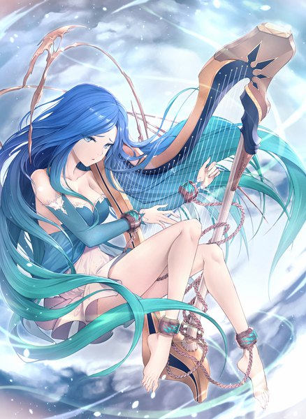 Anime-Bild 1400x1916 mit original limeblock single long hair tall image looking at viewer fringe breasts blue eyes light erotic large breasts bare shoulders blue hair cleavage cloud (clouds) full body bent knee (knees) parted lips barefoot wind