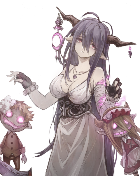 Anime picture 1000x1250 with granblue fantasy danua hansel (granblue fantasy) gretel (granblue fantasy) mephist long hair tall image looking at viewer short hair simple background blonde hair hair between eyes standing purple eyes bare shoulders purple hair ahoge parted lips horn (horns) pointy ears