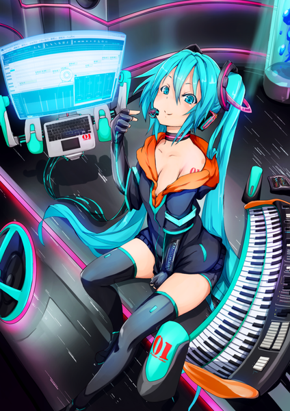 Anime picture 1653x2339 with vocaloid hatsune miku fu-ta single long hair tall image blush light erotic smile sitting twintails off shoulder alternate costume zettai ryouiki girl thighhighs gloves boots headphones fingerless gloves