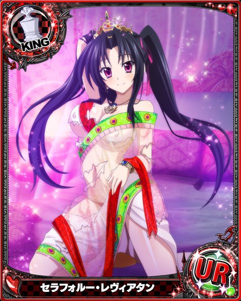 Anime picture 640x800 with highschool dxd serafall leviathan single long hair tall image looking at viewer blush breasts light erotic black hair purple eyes twintails traditional clothes torn clothes card (medium) girl transparent clothing tiara arabian clothes