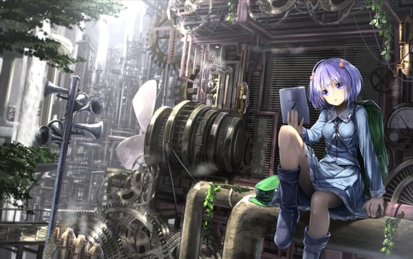Anime picture 1590x1000 with touhou kawashiro nitori ryosios single short hair blue eyes twintails holding purple hair bent knee (knees) parted lips sunlight short twintails steam hat removed mechanical girl skirt hat boots
