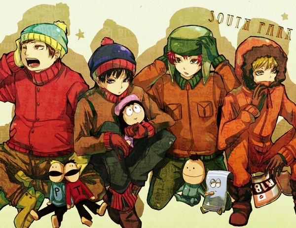 Anime picture 1300x1000 with south park eric theodore cartman kenny mccormick kyle broflovski stanley randall marsh yyy. (pixiv) short hair open mouth black hair blonde hair brown hair purple eyes green eyes pink hair group fat man boy gloves hat jacket