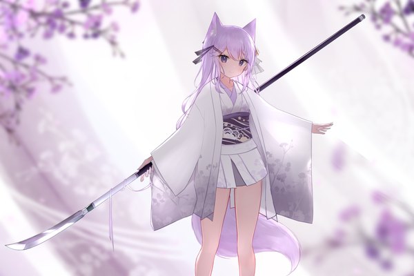 Anime picture 3000x2000 with original guo582 single long hair looking at viewer fringe highres smile hair between eyes standing purple eyes holding animal ears payot purple hair tail braid (braids) long sleeves traditional clothes japanese clothes