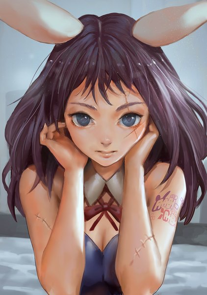 Anime-Bild 774x1100 mit rabi-ribi erina (rabi-ribi) canking single long hair tall image looking at viewer blue eyes bare shoulders animal ears purple hair tattoo bunny ears copyright name sleeveless facial mark scar eyebrows hands on face girl