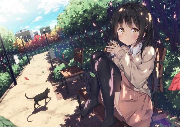 Anime picture 1200x848 with original hatsuki kaname single long hair looking at viewer blush fringe light erotic black hair sitting holding brown eyes sky cloud (clouds) outdoors pleated skirt shadow dutch angle no shoes girl
