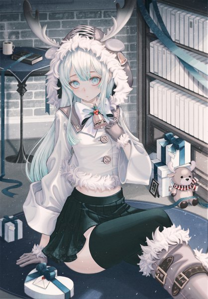 Anime picture 4874x7000 with original yuka865 single long hair tall image looking at viewer blush fringe highres sitting absurdres indoors pleated skirt aqua eyes aqua hair wide sleeves arm support midriff fur trim christmas