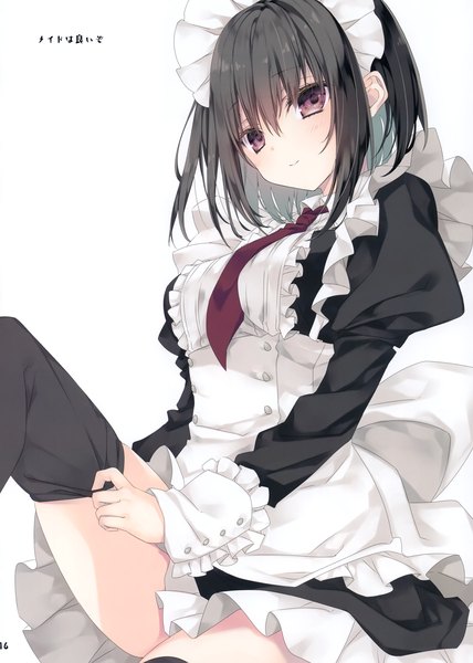 Anime picture 2105x2952 with original inugami kira single tall image looking at viewer blush fringe highres short hair breasts black hair simple background smile hair between eyes white background sitting purple eyes long sleeves head tilt scan