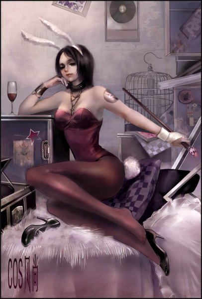 Anime picture 2000x2952 with original liu shuang fei (artist) single tall image highres black hair eyes closed animal tail lips tattoo bunny ears bunny girl bunny tail girl shoes star (symbol) collar bunnysuit glass wine glass