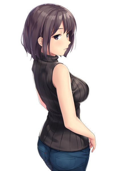 Anime picture 816x1200 with original sawada yuusuke single tall image looking at viewer blush fringe short hair breasts black hair simple background hair between eyes standing white background purple eyes upper body parted lips looking back from behind sleeveless