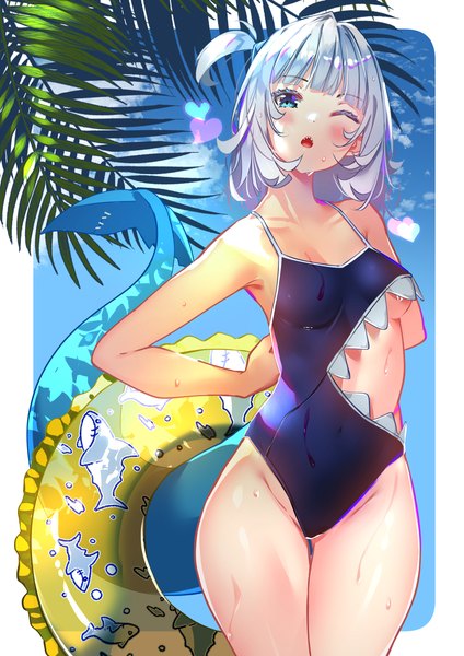 Anime picture 2480x3508 with virtual youtuber hololive hololive english gawr gura sydus single tall image looking at viewer blush fringe highres short hair breasts blue eyes light erotic sky silver hair cloud (clouds) outdoors tail