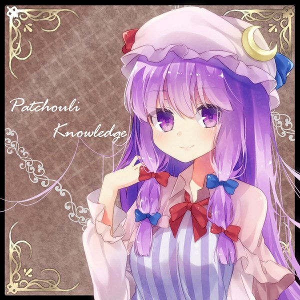 Anime picture 1191x1191 with touhou patchouli knowledge tika (mika4975) single long hair looking at viewer blush smile purple eyes purple hair character names brown background girl bow hair bow bonnet