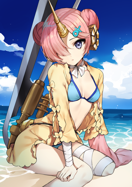 Anime-Bild 1062x1505 mit fate (series) fate/apocrypha frankenstein's monster (fate) frankenstein's monster (swimsuit saber) (fate) gambe single tall image looking at viewer fringe short hair open mouth light erotic sitting purple eyes pink hair sky cloud (clouds) bent knee (knees) outdoors head tilt