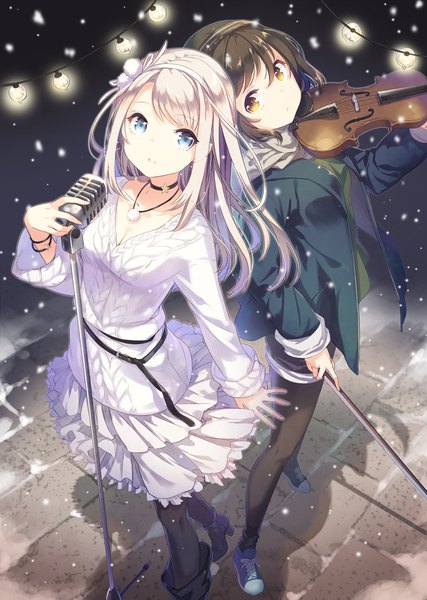 Anime picture 717x1008 with original h2so4 long hair tall image looking at viewer short hair breasts blue eyes brown hair standing multiple girls brown eyes cleavage white hair long sleeves parted lips head tilt from above high heels snowing