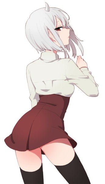 Anime picture 518x900 with original musco single tall image fringe short hair simple background hair between eyes white background parted lips looking back horn (horns) from behind zettai ryouiki bob cut albino girl skirt miniskirt shirt