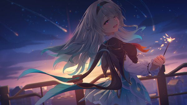 Anime picture 1422x800 with honkai: star rail honkai (series) firefly (honkai: star rail) holz single long hair looking at viewer fringe open mouth smile hair between eyes wide image holding outdoors long sleeves :d pink eyes wind grey hair night