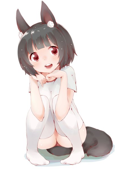 Anime picture 876x1293 with original rima (rimarip) single tall image blush short hair open mouth light erotic black hair red eyes white background sitting animal ears looking away tail head tilt animal tail shadow loli fox ears