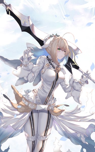 Anime picture 1036x1654 with fate (series) fate/grand order fate/extra fate/extra ccc nero claudius (fate) (all) nero claudius (bride) (fate) neon (pixiv 31150749) single tall image blush fringe short hair breasts blonde hair hair between eyes standing holding green eyes ahoge braid (braids)