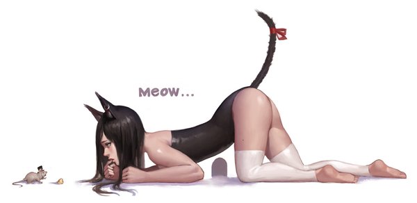 Anime picture 1067x521 with original dongho kang single long hair light erotic black hair simple background wide image white background bare shoulders brown eyes animal ears full body bent knee (knees) ass tail animal tail profile barefoot cat ears