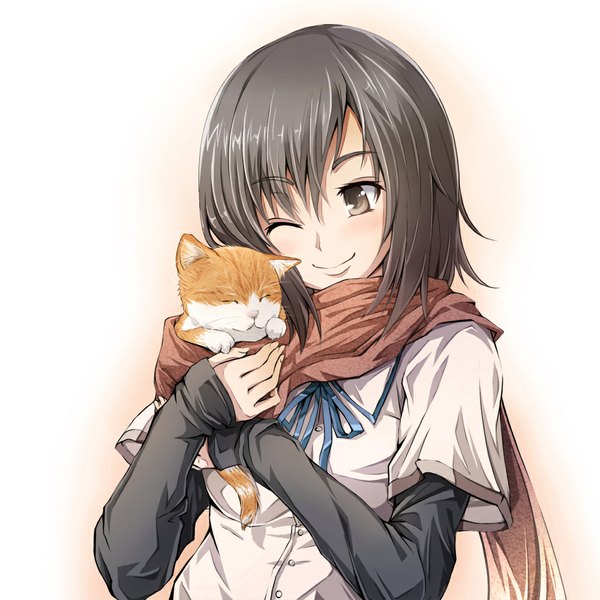 Anime picture 1000x1000 with original chiri (atlanta) single short hair black hair simple background smile one eye closed wink black eyes girl scarf cat