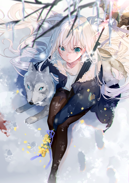 Anime picture 1447x2046 with original miwano rag single long hair tall image fringe hair between eyes sitting looking away outdoors white hair aqua eyes from above blurry open jacket fur trim winter revision footprints girl