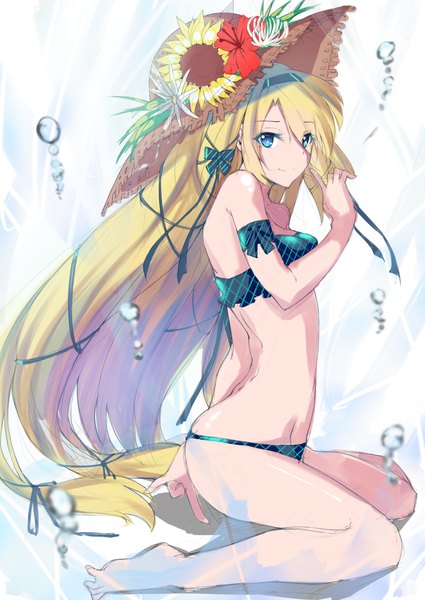 Anime picture 800x1129 with puzzle & dragons kameponde single long hair tall image looking at viewer blush fringe breasts blue eyes light erotic blonde hair smile sitting bare shoulders blue hair pink hair bent knee (knees) multicolored hair barefoot