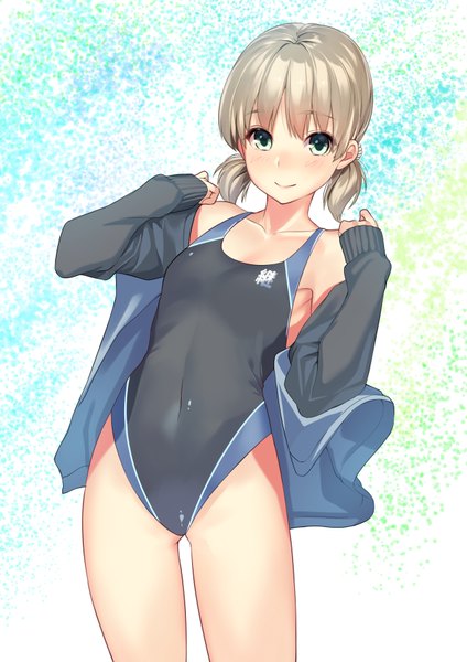 Anime picture 1265x1789 with original kagematsuri single tall image looking at viewer blush short hair blue eyes light erotic blonde hair smile twintails short twintails girl swimsuit one-piece swimsuit competition swimsuit black swimsuit