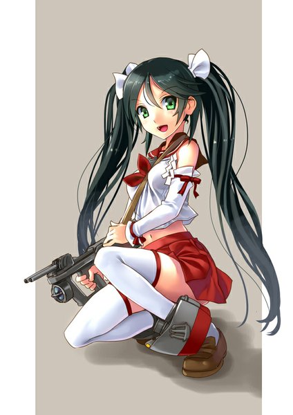 Anime picture 566x800 with kantai collection isuzu light cruiser katahira masashi single long hair tall image looking at viewer open mouth simple background twintails green eyes green hair kneeling girl thighhighs skirt ribbon (ribbons) hair ribbon detached sleeves miniskirt