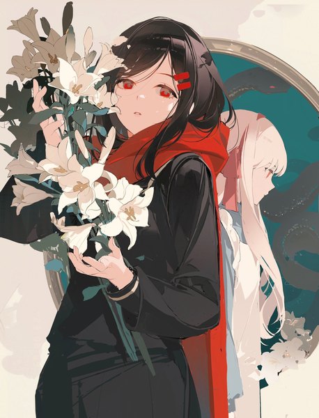 Anime picture 2740x3592 with kagerou project shaft (studio) tateyama ayano mary (kagerou project) chongzhen 085 long hair tall image looking at viewer fringe highres black hair red eyes standing multiple girls holding looking away white hair blunt bangs parted lips profile