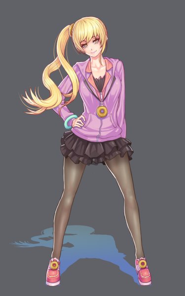 Anime picture 750x1200 with bakemonogatari nisemonogatari kizumonogatari shaft (studio) monogatari (series) oshino shinobu kissshot acerolaorion heartunderblade gonster single long hair tall image looking at viewer highres blonde hair smile standing yellow eyes grey background hand on hip side ponytail